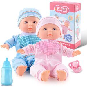 🆕 Twin Baby Dolls Pink Romper Hat Bottle Pacifier Soft Durable Hug Accessories